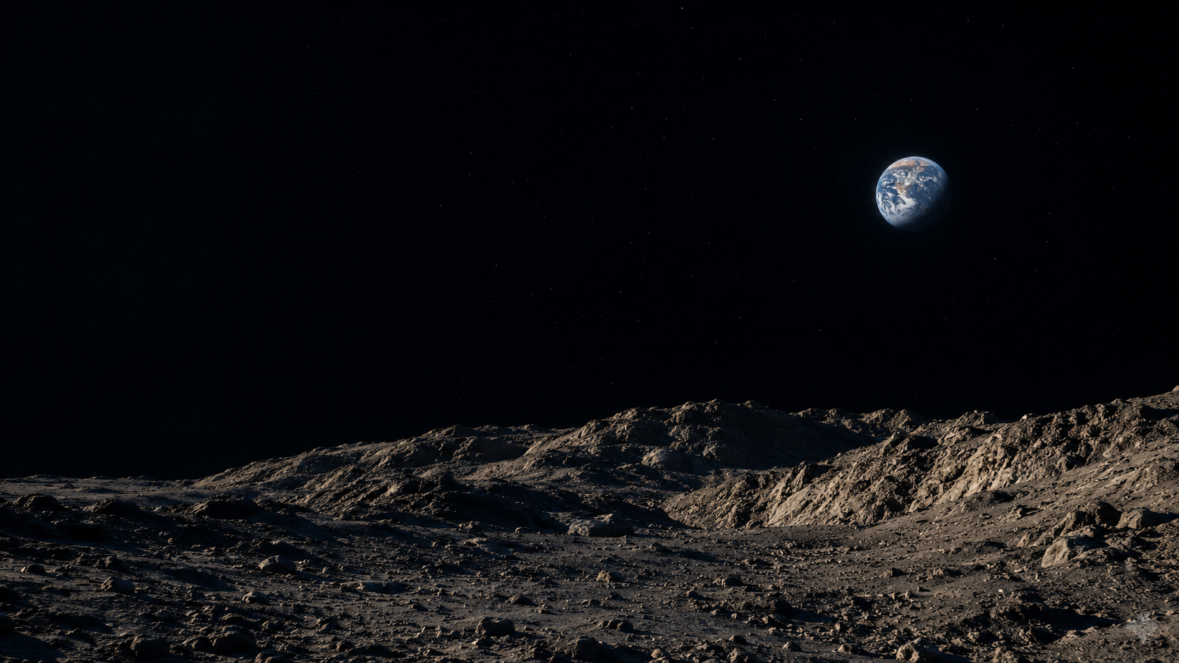An original editorial rendering of Earth viewed above the Moon's rugged surface