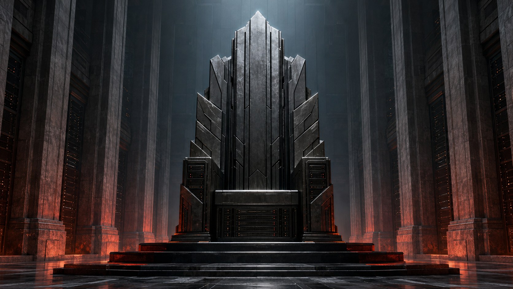 Dark metallic AI throne in a data-center hall